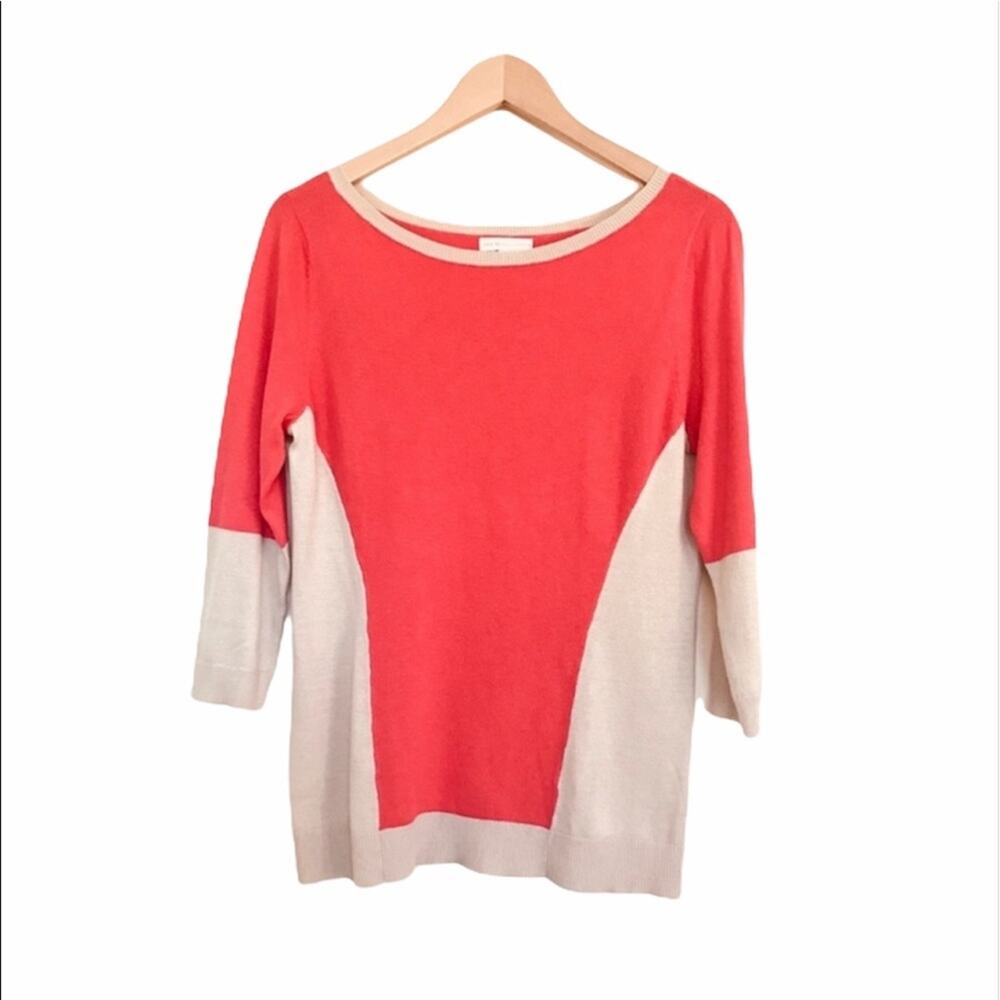 New York & Company sweater women's M crew colorblock rib knit coral tan pullover